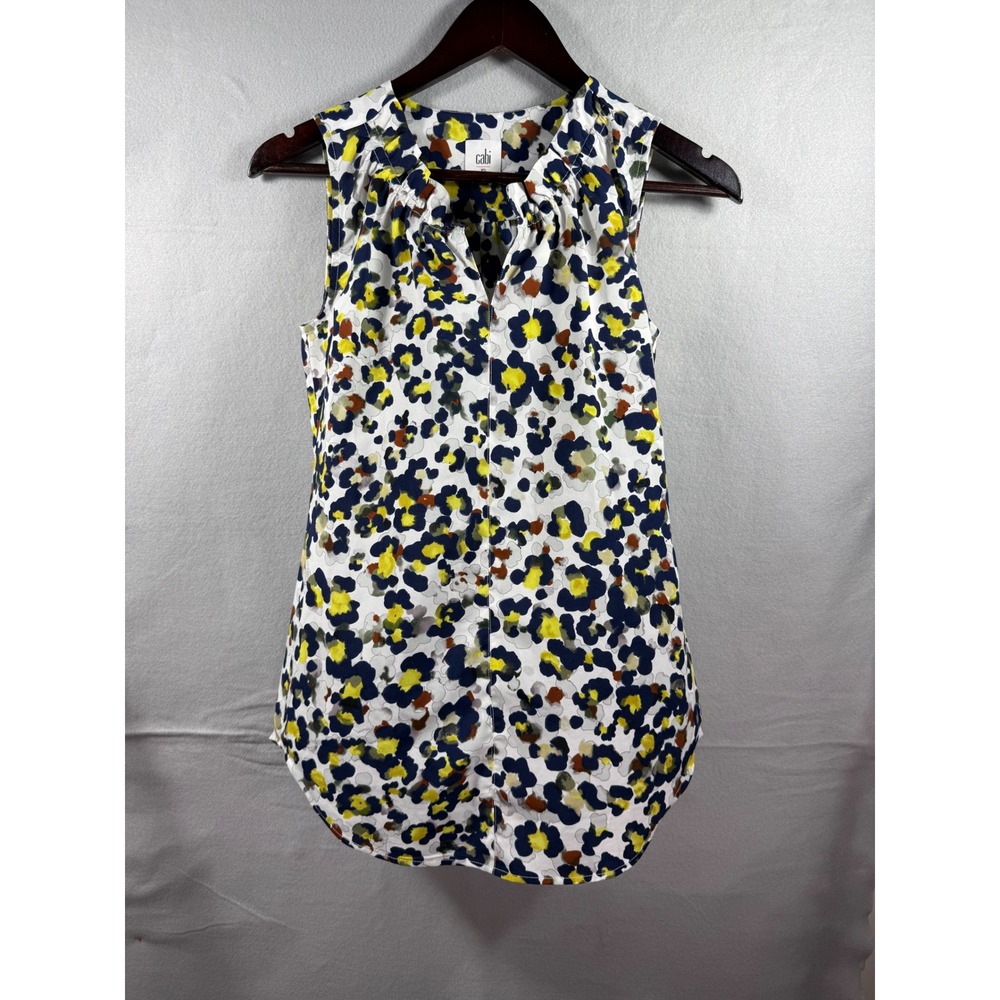 Cabi 5222 Sleeveless Ruffle Neck Blouse XS Abstract Floral Print Navy Yellow